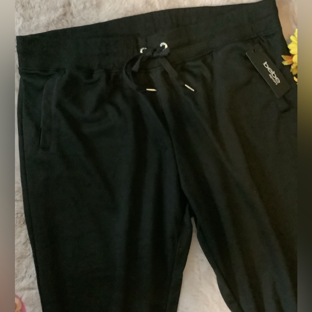 LOWEST🌺 NWT BEBE SPORT BLACK FLEECE MULTICOLOR LOGO JOGGER PANTS - Picture 4 of 13